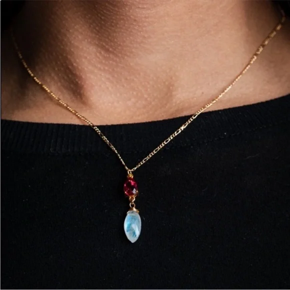 🌙 22K Gold Iridescent Moonstone & Pink Tourmaline Handmade Pendant Necklace - Picture 4 of 5